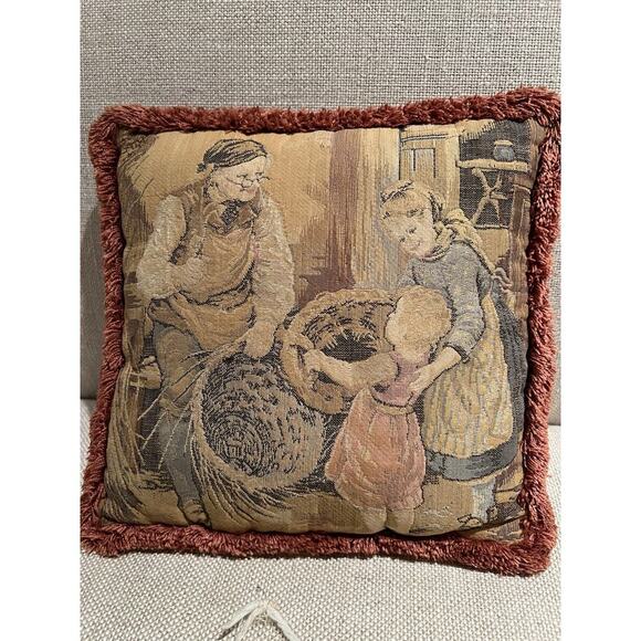 Antique FRENCH TAPESTRY w/ LITTLE GIRL TAKING BROKEN BASKET to the BASKET MAKER - Picture 5 of 11